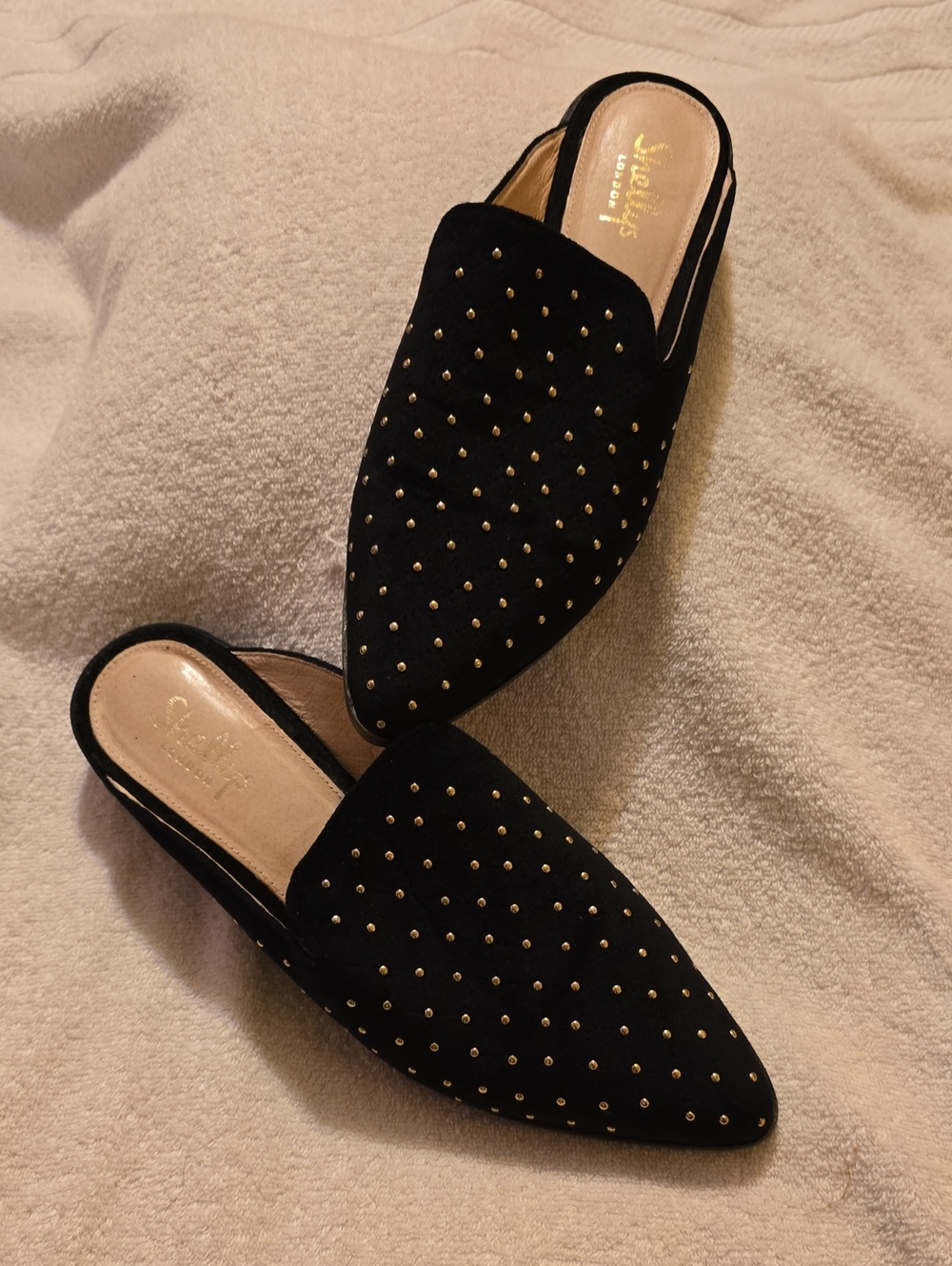 Shellys London Black Velvet Gold Studded Pointed Toe Mules 8.5